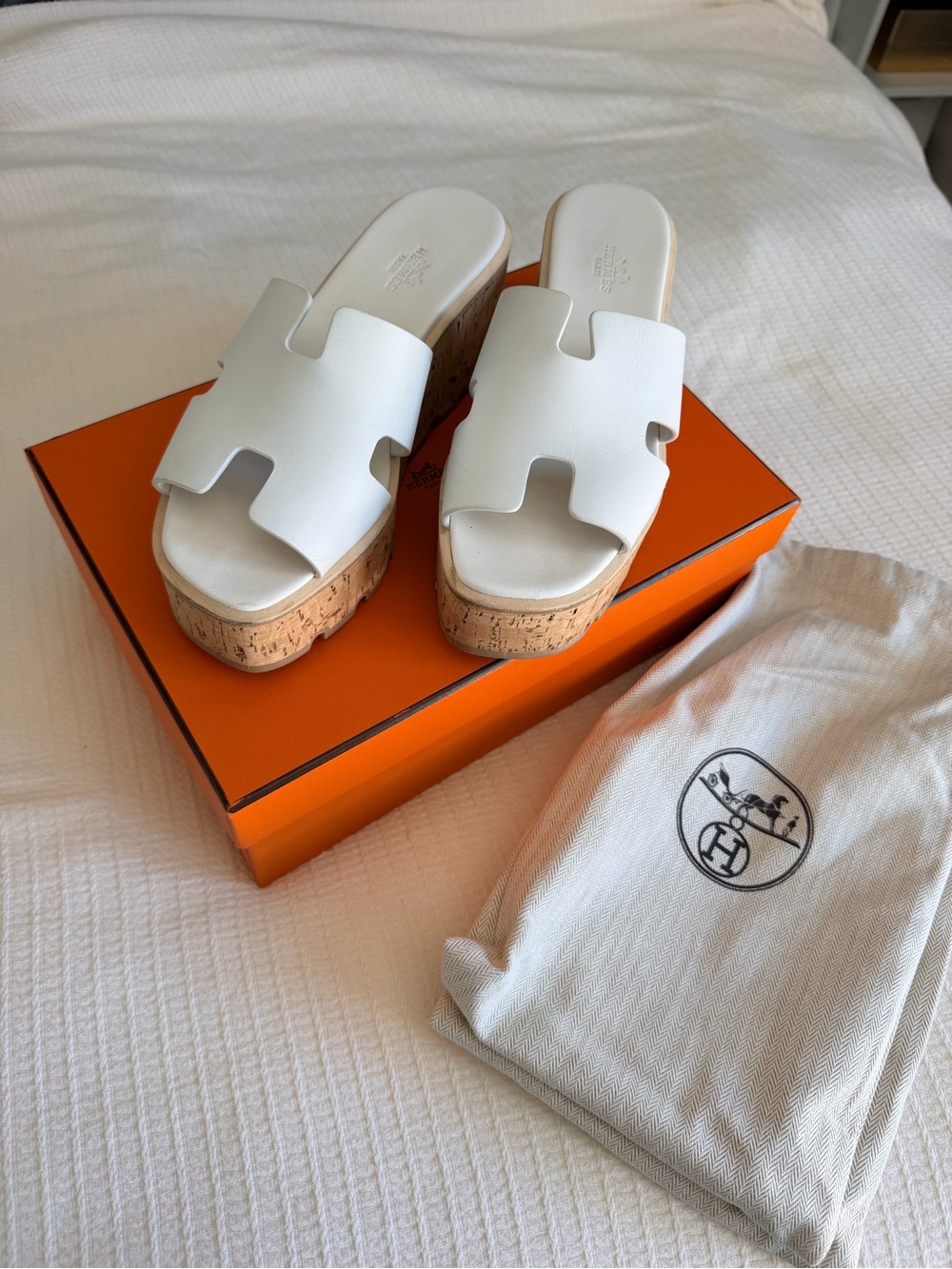Hermes White Cork Platform Slide Sandals